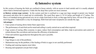 4) Intensive system
In this system of housing the birds are confined to house entirely, with no access to land outside and it is usually adopted
where land is limited and expensive. Under this the deep litter system are most common.
a) Battery system (cage system): In this system each hen is confined to a cage just large enough to permit very limited
movement and allow her to stand and sit comfortably. The usual floor space is 14×16 inches and height of 17 inches. The
floor is of standard strong galvanized wire set at a slope from back to front, so that eggs laid by hens, roll out of the cage to a
receiving gutter. Underneath is a tray for droppings. Both food and water receptacles are outside the cage.
Advantages
 Case system of rearing allows better flock supervision.
 The performance of each bird can be noted and culling is easily carried out as and when required.
 Cage system of rearing offers economy in space, reduce feed consumption and labor, help in prevention and control of
certain disease like coccidiosis and increase the efficiency of production.
 Clean and uniform egg production throughout the year is possible.
Disadvantages
 Cage fatigue is one of the problems.
 Malnutrition may be the problem, if the feeding of birds in cages in not carefully performed.
 Feeding and watering requires more labor.
 Housing and equipment cost per bird is high.
 