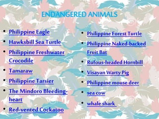 • PhilippineEagle
• HawksbillSeaTurtle
• PhilippineFreshwater
Crocodile
• Tamaraw
• PhilippineTarsier
• The Mindoro Bleeding-
heart
• Red-ventedCockatoo
• PhilippineForest Turtle
• Philippine Naked-backed
FruitBat
• Rufous-headed Hornbill
• Visayan Warty Pig
• Philippine mouse deer
• sea cow
• whaleshark
 