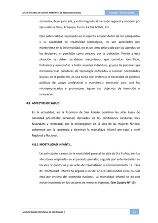 PIGARS – SAN ROMAN[PLAN INTEGRAL DE GESTION AMBIENTAL DE RESIDUOS SOLIDOS]
MUNICIPALIDADPROVINCIAL DE SAN ROMAN | 22
sostenida, desorganizada, y está integrada al mercado regional y nacional por
ejes viales a Puno, Arequipa, Cuzco, La Paz Bolivia, etc.
Esta potencialidad expresada en el espíritu emprendedor de los juliaqueños
y su capacidad de creatividad tecnológica, no son apreciados por
mantenerse en la informalidad, no es un tema priorizado por las agendas de
los decisores, ni percibido como cercano por la población. Frente a esta
situación se deben establecer mecanismos que permitan identificar,
fortalecer y acompañar a todos aquellos individuos, grupos de personas y/o
microempresas creadoras de tecnología enfocadas a resolver necesidades
básicas de la población, es una tarea que evidencia la necesidad de políticas
públicas de apoyo profesional y económico necesario para que los
microempresarios y promotores logren sus objetivos de invención e
innovación.
4.8 ASPECTOS DE SALUD.
En la actualidad, en la Provincia de San Román persisten las altas tasas de
natalidad (20.4/1000 personas) derivadas de las condiciones sanitarias más
favorables y reforzadas por la prolongación de la vida de las mujeres fértiles;
coherente con la tendencia a disminuir la mortalidad infantil pre-natal a nivel
Regional y Nacional.
4.8.1 MORTALIDAD INFANTIL.
Las principales causas de la mortalidad general de vida de 0 a 9 años, son las
afecciones originadas en el período prenatal, seguida por enfermedades de
las vías respiratorias y secuelas de traumatismo y envenenamiento. La tasa
de mortalidad infantil ha llegado a ser de 52.21/1000 nacidos vivos, la cual
está por encima del promedio nacional. La mortalidad infantil se da con
mayor incidencia en los sectores de menores ingresos. (Ver Cuadro Nº 10)
 