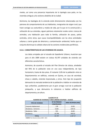 PIGARS – SAN ROMAN[PLAN INTEGRAL DE GESTION AMBIENTAL DE RESIDUOS SOLIDOS]
MUNICIPALIDADPROVINCIAL DE SAN ROMAN | 33
niveles, así como una presencia importante de la tipología casa patio, en las
viviendas antiguas y los sectores aledaños de la ciudad.
Asimismo, las tipologías de la vivienda están directamente relacionadas con los
patrones de comportamiento de sus habitantes, inmigrantes de origen rural, que
traen consigo sus costumbres y modos de vida, por lo que en la construcción y
utilización de sus viviendas, siguen patrones netamente rurales como: crianza de
animales; una habitación para toda la familia, utilización de pozos, patios
centrales, entre otros; que causa incompatibilidades con las otras actividades
urbanas y cierto grado de deterioro y contaminación ambiental, hecho que en
conjunto disminuye la calidad urbana de los sectores residenciales periféricos.
4.11.1 CARACTERISTICAS DE LAS VIVIENDAS EN JULIACA.
Los datos arrojados por el estudio de Expediente Urbano, muestran que
para el año 2004 existen en Juliaca 45,797 unidades de vivienda con
diferentes características.
Asimismo, de acuerdo al estudio del Plan Director de Juliaca, alrededor
del 95% de la población vivía en una casa independiente, de tipo
horizontal y hasta de dos pisos. El restante 5.0% de la población vivía en
Departamentos en edificios, vivienda en Quinta, en casa de vecindad,
choza o cabaña, vivienda improvisada, y otros. Este tipo de ocupación
demuestra la marcada tendencia de la población a habitar en viviendas de
tipo unifamiliar, posiblemente por el gran arraigo rural de la población
juliaqueña, y que demuestra la reticencia a habitar edificios de
departamento y en altura.
CUADRO Nº 20
NUMERO DE VIVIENDAS Y AREA URBANA OCUPADA - JULIACA
TIPO DE VIVIENDA
Nº DE PREDIOS
CONSTRUIDOS
AREA OCUPADA (HAS)
Conjunto Habitacional 178 10.00
Residencia - Comercio 9,266 220.42
Residencia - Taller 555 16.83
Residencia 35,798 940.02
TOTAL 45.797 1,187.27
FUENTE: Plan Director Urbano 2004 - 2015
 