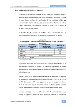 PIGARS – SAN ROMAN[PLAN INTEGRAL DE GESTION AMBIENTAL DE RESIDUOS SOLIDOS]
MUNICIPALIDADPROVINCIAL DE SAN ROMAN | 41
5.1.3 RECOLECCION DE RESIDUOS SOLIDOS.
La recolección de residuos sólidos es el área que mayor atención y esfuerzos
demanda a las municipalidades. Las municipalidades a nivel de la Provincia
de San Román realizan la recolección de los residuos sólidos por
administración directa. Este servicio se realiza en los Distritos de Juliaca,
Cabana y Cabanillas, el Distrito de Caracoto no cuenta con el servicio de
recolección de residuos sólidos.
El Cuadro Nº 29 muestra la cantidad diaria recolectada por las
municipalidades, la frecuencia de recolección y la cobertura de servicio.
CUADRO Nº 29
ESTIMACION DE LA CANTIDAD RECOLECTADA DE RESIDUOS SOLIDOS , FRECUENCIA Y
COBERTURA
CANTIDAD
RECOLECTADA
TM/Día
FRECUENCIA DE
RECOLECCION
(VECES/SEMANA)
COBERTURA DE
SERVICIO %
DISTRITO
JULIACA 125.01 1 73.84%
CABANILLAS 0.62 1 65%
CABANA 0.22 1 60%
CARACOTO NO CUENTA CON SERVICIO
TOTAL 125.85
FUENTE: Elaboración Propia
Es necesario mencionar que existe un sistema de segregación informal en los
contenedores y/o puntos de acopio, y un sistema de segregación de materia
orgánica en los domicilios que asciende a un porcentaje aproximado del 4%
del total generado.
El servicio que otorga la Municipalidad Provincial de san Román en la ciudad
de Juliaca tiene una capacidad operativa de recoger el 73.84% de las 169.30
Ton/día de residuos sólidos que se genera; se deja de recoger un total de
26.16 %; los cuales tienen diferentes puntos de destino (calles, terrenos
baldíos, botaderos no autorizados, acequias, laderas de caminos, etc.).
La información de cobertura y calidad del servicio de recolección de residuos
sólidos se registra a través del parte diario de vehículo de recolección
 