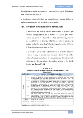 PIGARS – SAN ROMAN[PLAN INTEGRAL DE GESTION AMBIENTAL DE RESIDUOS SOLIDOS]
MUNICIPALIDADPROVINCIAL DE SAN ROMAN | 42
JULIACA
domiciliaria y recojo de contenedores y puntos críticos, con la finalidad de
llevar información estadística.
La distribución típica del trabajo de recolección de residuos sólidos; se
realiza por dos sistemas, que se detallan a continuación:
5.1.3.1 RECOLECCION DE RESIDUOS SOLIDOS DOMICILIARIOS.
La Recolección de residuos sólidos domiciliarios es realizada por
camiones compactadores en el Distrito de Juliaca (Ver Anexo
Sectores de recolección de residuos sólidos domiciliarios), mientras
que en los Distritos de Cabana y Cabanillas se realiza el recojo de los
residuos en Camión baranda y Volquete respectivamente; el Distrito
de Caracoto no cuenta con este servicio.
En la ciudad de Juliaca existen urbanizaciones en las cuales el servicio
no se da abasto, en consecuencia en estas urbanizaciones existen
puntos críticos de acumulación de residuos sólidos; del mismo modo
existen puntos de acumulación de residuos sólidos en los demás
distritos (Ver Cuadro Nº 30).
CUADRO Nº 30
PRINCIPALES PUNTOS CRITICOS DE RECOLECCION DE RESIDUOS SOLIDOS
DOMICILIARIOS
DIST. SECT. PUNTOS CRITICOS DE RECOLECCION
Urb SAN CRISTOBAL, Urb TAPARACHI III ETAPA, Urb. NESTOR CACERS VELASQUEZ -
SUR
ESTE
OESTE
SATELITE, Urb. NAZARENO, Urb. VILA MARIA DEL TRIUNFO, Urb. SAN JUAN, Urb. APIRAJ,
Urb. ALEXANDER, ZONA INDUSTRIAL TAPARACHI B, Urb, DOS DE AGOSTO, Urb. 2 DE
DICIEMBRE UNA PARTE, Urb. 15 DE AGOSTO.
Urb. SAN MATIAS, Urb. SANTA FLORA, ANEXO SAN JACINTO, Urb. SAN LUIS II ETAPA, Urb.
SAN AGUSTIN, Urb. LOS INCAS ANEXO 2, Urb. CIUDAD DE LOS VIENTOS, Urb. PERLA DEL
ALTIPLANO, Urb. SANTA VENANCIA, Urb. VIRGEN DE COPACABANA, Urb. SUMAC UNU, Urb.
COLONIA MOHEÑA, Urb. AMPLIACION SAN ISIDRO CACACHI, Urb. SANTA EMILIA, Urb.
SANTA ZORAIDA, Urb. ANEXO EMARRUCUS, Urb. SAN CARLOS I, Urb. EL SOL, Urb. SAN
AGUSTIN, Urb. CAP. NATIVIDAD, Urb. SAN ISIDRO CACACHI, Urb. SANTA FE, URB. SANTA
LIDIA, URB SAN HILARION, URB. PRIMAVERAL, URB. SEÑOR DE LOS MILAGROS ANEXO III,
ANEXO SEÑOR DE LOS MILAGROS II ETAPA, URB. CIUDAD NUEVA, URB. ESCURI, URB.
HORACIO ZEBALLOS GAMES AMPLIACION.
URB. SANTO TOMAS, URB. TASA, URB. SAN MATEO, URB. MAGISTERIAL, URB. LAS
CASUARINAS, URB. LA HUAYRANA, URB. EL CARMEN ANEXO 2, URB. STA. ADRIANA II ETAPA,
URB. SANTIAGO RIOS, URB. SAN PABLO II, URB. ANEXO LA CAPILLA, URB. SAN PAULINO, URB.
LAS AMERICAS, URB. SANTA OLIMPIA, URB. DON JULIAN, URB. VILLA SAN JUAN.
CABANA RIVERAS DEL RIO LOQUELAYA
CABANILLAS RIVERAS DEL RIO CABANILLAS
CARACOTO LADERA DE CERRO Y TERRENOS BALDIOS
FUENTE: DIVISION DE SANIDAD Y LIMPIEZA PUBLICA - MPSR
 