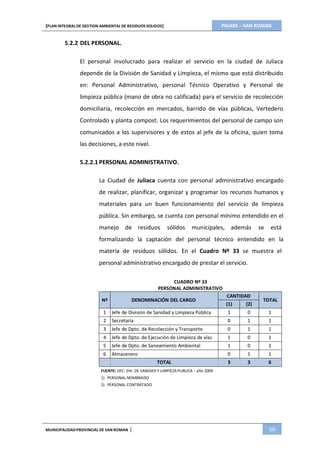 PIGARS – SAN ROMAN[PLAN INTEGRAL DE GESTION AMBIENTAL DE RESIDUOS SOLIDOS]
MUNICIPALIDADPROVINCIAL DE SAN ROMAN | 50
5.2.2 DEL PERSONAL.
El personal involucrado para realizar el servicio en la ciudad de Juliaca
depende de la División de Sanidad y Limpieza, el mismo que está distribuido
en: Personal Administrativo, personal Técnico Operativo y Personal de
limpieza pública (mano de obra no calificada) para el servicio de recolección
domiciliaria, recolección en mercados, barrido de vías públicas, Vertedero
Controlado y planta compost. Los requerimientos del personal de campo son
comunicados a los supervisores y de estos al jefe de la oficina, quien toma
las decisiones, a este nivel.
5.2.2.1 PERSONAL ADMINISTRATIVO.
La Ciudad de Juliaca cuenta con personal administrativo encargado
de realizar, planificar, organizar y programar los recursos humanos y
materiales para un buen funcionamiento del servicio de limpieza
pública. Sin embargo, se cuenta con personal mínimo entendido en el
manejo de residuos sólidos municipales, además se está
formalizando la captación del personal técnico entendido en la
materia de residuos sólidos. En el Cuadro Nº 33 se muestra el
personal administrativo encargado de prestar el servicio.
CUADRO Nº 33
PERSONAL ADMINISTRATIVO
Nº DENOMINACIÓN DEL CARGO
CANTIDAD
(1) (2)
TOTAL
1 Jefe de División de Sanidad y Limpieza Pública 1 0 1
2 Secretaria 0 1 1
3 Jefe de Dpto. de Recolección y Transporte 0 1 1
4 Jefe de Dpto. de Ejecución de Limpieza de vías 1 0 1
5 Jefe de Dpto. de Saneamiento Ambiental 1 0 1
6 Almacenero 0 1 1
TOTAL 3 3 6
FUENTE: OFC. DIV. DE SANIDAD Y LIMPIEZA PUBLICA – año 2009
1) PERSONAL NOMBRADO
2) PERSONAL CONTRATADO
 