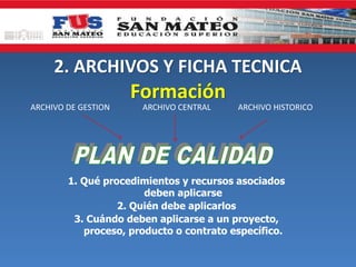 2. ARCHIVOS Y FICHA TECNICA
ARCHIVO DE GESTION

Formación
ARCHIVO CENTRAL

ARCHIVO HISTORICO

1. Qué procedimientos y recursos asociados
deben aplicarse
2. Quién debe aplicarlos
3. Cuándo deben aplicarse a un proyecto,
proceso, producto o contrato específico.

 