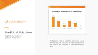 Participants vote on predefined answers using
their device web browser. Results are shown in
real-time on the projector as a bar chart or pie
chart.
Capture your audience
opinions in real time
Live Poll: Multiple choice
 