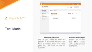Test Mode
Intuitive and simple
Enable or disable
Test Mode easily
with a switch on your
Dashboard.
Available pre-event
Set up your event as early as
possible to maximise the time Test
Mode is available. Once your event
goes live, Test Mode will not be
available.
 