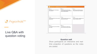 Live Q&A with
question voting
Question wall
Show participants an interactive and real-
time projection of questions as the votes
are casted.
 