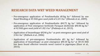 RESEARCH DATA WRT WEED MANAGEMENT
• Pre-emergence application of Pendimethalin @1kg ha-1 followed by one
Hand Weeding at 45 DAS gave seed yield of 2.23 t ha-1 (Dhonde et al., 2009).
• Pre-emergence application of Pendimethalin @0.75 kg ha-1 followed by
application of Post emergence herbicide Paraquat dichloride @0.48 kg ha-1
at 42 DAS gave seed yield of 1.82 t ha-1 (Padmaja et al., 2013).
• Application of Imazethapyr @246 g ha-1 as post emergence gave seed yied of
2.56 t ha-1 (Bidlack et al., 2006)
• Application of pre-emergence Pendimethalin @1 kg ha-1 followed by
application of Imazethapyr as post emergence @0.10 kg ha-1 at 30-35 DAS
has been found effective towards weed control in pigeonpea (Kaur et al.,
2015).
12/6/2019 29
 