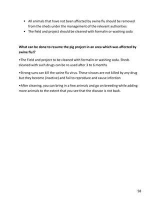58
• All animals that have not been affected by swine flu should be removed
from the sheds under the management of the relevant authorities
• The field and project should be cleaned with formalin or washing soda
What can be done to resume the pig project in an area which was affected by
swine flu!?
•The Field and project to be cleaned with formalin or washing soda. Sheds
cleaned with such drugs can be re-used after 3 to 6 months
•Strong suns can kill the swine flu virus. These viruses are not killed by any drug
but they become (inactive) and fail to reproduce and cause infection
•After cleaning, you can bring in a few animals and go on breeding while adding
more animals to the extent that you see that the disease is not back.
 