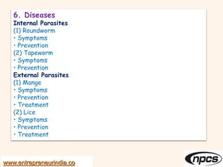 www.entrepreneurindia.co
6. Diseases
Internal Parasites
(1) Roundworm
• Symptoms
• Prevention
(2) Tapeworm
• Symptoms
• Prevention
External Parasites
(1) Mange
• Symptoms
• Prevention
• Treatment
(2) Lice
• Symptoms
• Prevention
• Treatment
 