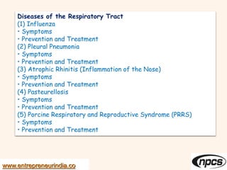 www.entrepreneurindia.co
Diseases of the Respiratory Tract
(1) Influenza
• Symptoms
• Prevention and Treatment
(2) Pleural Pneumonia
• Symptoms
• Prevention and Treatment
(3) Atrophic Rhinitis (Inflammation of the Nose)
• Symptoms
• Prevention and Treatment
(4) Pasteurellosis
• Symptoms
• Prevention and Treatment
(5) Porcine Respiratory and Reproductive Syndrome (PRRS)
• Symptoms
• Prevention and Treatment
 