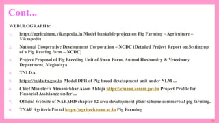 32
Cont...
WEBULOGRAPHY:
1. https://agriculture.vikaspedia.in Model bankable project on Pig Farming – Agriculture –
Vikaspedia
2. National Cooperative Development Corporation – NCDC (Detailed Project Report on Setting up
of a Pig Rearing farm – NCDC)
3. Project Proposal of Pig Breeding Unit of Swan Farm, Animal Husbandry & Veterinary
Department, Meghalaya
4. TNLDA
5. https://tnlda.tn.gov.in Model DPR of Pig breed development unit under NLM ...
6. Chief Minister’s Atmanirbhar Asom Abhija https://cmaaa.assam.gov.in Project Profile for
Financial Assistance under ...
7. Official Website of NABARD chapter 12 area development plan/ scheme commercial pig farming.
8. TNAU Agritech Portal https://agritech.tnau.ac.in Pig Farming
 