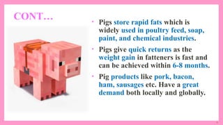 4
CONT… • Pigs store rapid fats which is
widely used in poultry feed, soap,
paint, and chemical industries.
• Pigs give quick returns as the
weight gain in fatteners is fast and
can be achieved within 6-8 months.
• Pig products like pork, bacon,
ham, sausages etc. Have a great
demand both locally and globally.
 