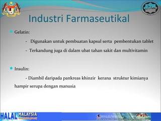 Industri Farmaseutikal
 Gelatin:

        - Digunakan untuk pembuatan kapsul serta pembentukan tablet

        - Terkandung juga di dalam ubat tahan sakit dan multivitamin


 Insulin:

        - Diambil daripada pankreas khinzir kerana struktur kimianya
  hampir serupa dengan manusia
 
