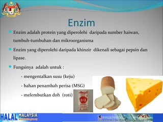 Enzim
 Enzim adalah protein yang diperolehi daripada sumber haiwan,

  tumbuh-tumbuhan dan mikroorganisma
 Enzim yang diperolehi daripada khinzir dikenali sebagai pepsin dan

  lipase.
 Fungsinya adalah untuk :

      - mengentalkan susu (keju)

      - bahan penambah perisa (MSG)

      - melembutkan doh (roti)
 