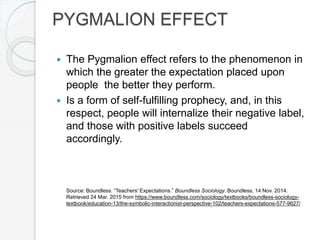 PYGMALION EFFECT
 The Pygmalion effect refers to the phenomenon in
which the greater the expectation placed upon
people the better they perform.
 Is a form of self-fulfilling prophecy, and, in this
respect, people will internalize their negative label,
and those with positive labels succeed
accordingly.
Source: Boundless. “Teachers' Expectations.” Boundless Sociology. Boundless, 14 Nov. 2014.
Retrieved 24 Mar. 2015 from https://www.boundless.com/sociology/textbooks/boundless-sociology-
textbook/education-13/the-symbolic-interactionist-perspective-102/teachers-expectations-577-9627/
 