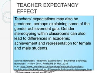 Teachers' expectations may also be
gendered, perhaps explaining some of the
gender achievement gap. Gender
stereotyping within classrooms can also
lead to differences in academic
achievement and representation for female
and male students.
Source: Boundless. “Teachers' Expectations.” Boundless Sociology.
Boundless, 14 Nov. 2014. Retrieved 24 Mar. 2015
from https://www.boundless.com/sociology/textbooks/boundless-
sociology-textbook/education-13/the-symbolic-interactionist-perspective-
TEACHER EXPECTANCY
EFFECT
 