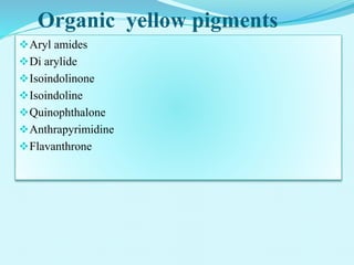Organic yellow pigments
Aryl amides
Di arylide
Isoindolinone
Isoindoline
Quinophthalone
Anthrapyrimidine
Flavanthrone
 