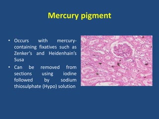 Mercury pigment
• Occurs with mercury-
containing fixatives such as
Zenker’s and Heidenhain’s
Susa
• Can be removed from
sections using iodine
followed by sodium
thiosulphate (Hypo) solution
• .
 