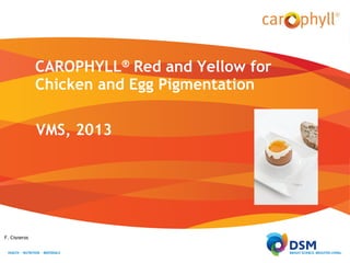 FOR INTERNAL USE ONLY

CAROPHYLL® Red and Yellow for
Chicken and Egg Pigmentation
VMS, 2013

F. Cisneros

 