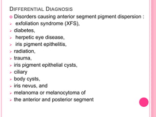 DIFFERENTIAL DIAGNOSIS 
 Disorders causing anterior segment pigment dispersion : 
 exfoliation syndrome (XFS), 
 diabetes, 
 herpetic eye disease, 
 iris pigment epithelitis, 
 radiation, 
 trauma, 
 iris pigment epithelial cysts, 
 ciliary 
 body cysts, 
 iris nevus, and 
 melanoma or melanocytoma of 
 the anterior and posterior segment 
 