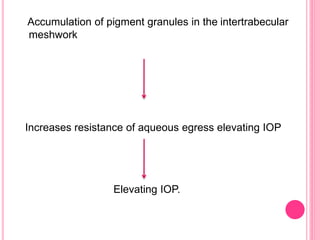 Accumulation of pigment granules in the intertrabecular 
meshwork 
Increases resistance of aqueous egress elevating IOP 
Elevating IOP. 
 