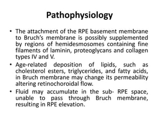 Pathophysiology
• The attachment of the RPE basement membrane
to Bruch’s membrane is possibly supplemented
by regions of hemidesmosomes containing fine
filaments of laminin, proteoglycans and collagen
types IV and V.
• Age-related deposition of lipids, such as
cholesterol esters, triglycerides, and fatty acids,
in Bruch membrane may change its permeability
altering retinochoroidal flow.
• Fluid may accumulate in the sub- RPE space,
unable to pass through Bruch membrane,
resulting in RPE elevation.
 