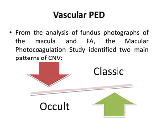Vascular PED
• From the analysis of fundus photographs of
the macula and FA, the Macular
Photocoagulation Study identified two main
patterns of CNV:
Classic
Occult
 