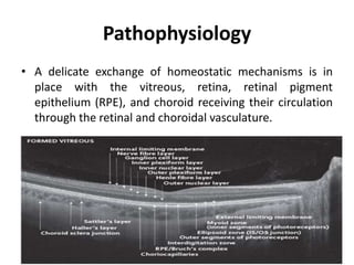Pathophysiology
• A delicate exchange of homeostatic mechanisms is in
place with the vitreous, retina, retinal pigment
epithelium (RPE), and choroid receiving their circulation
through the retinal and choroidal vasculature.
 