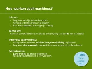 Hoe werken zoekmachines?
- Inhoud:
- Zorg voor een lijst van trefwoorden
- Verwerk je trefwoorden in je teksten
- Hoe meer updates, hoe hoger je ranking.
- Technisch:
Verwerk je trefwoorden en website-omschrijving in de code van je website
- Interne & externe links:
- Vraag andere websites een link naar jouw site/blog te plaatsen
- Zorg voor nieuwswaarde, perswebsites scoren goed bij zoekmachines
- Advertenties:
- pay per click, de prijs is afhankelijk
van de populariteit van je trefwoorden. > 90%
markt-
aandeel
SEO
 