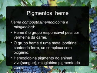 Pigmentos  heme Heme compostos(hemoglobina e mioglobina) : Heme é o grupo responsável pela cor vermelha da carne. O grupo heme é uma metal porfirina contendo ferro, se complexa com oxigênio. Hemoglobina pigmento do animal vivo(sangue), mioglobina pigmento da carne. Hemoglobina + O 2  = oxihemoglobina 