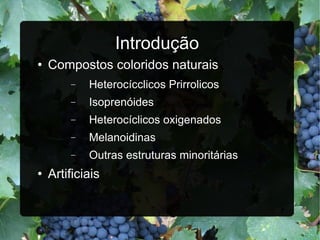 Introdução Compostos coloridos naturais Heterocícclicos Prirrolicos Isoprenóides Heterocíclicos oxigenados Melanoidinas Outras estruturas minoritárias Artificiais 