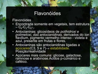 Flavonóides Flavonóides Encontrada somente em vegetais, tem estrutura – C 6 -C 3 -C 6 -,. Antocianinas: glicosídeos de  polihidroxi e polimetoxi, das antocianidinas,  derivados do íon flavilium, pigmento vermelho intenso - violeta e azul, presente em frutas e flores. Antocianinas são antocianidinas ligadas a  açúcares (C3, 5 e 7)    estabilidade.  Posição/reatividade Açúcares mais comuns: glicose, galactose, ramnose e arabinose.Acidos p-cumárico e caféico. 