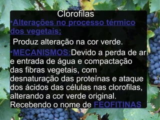 Clorofilas Alterações no processo térmico dos vegetais; Produz alteração na cor verde.  MECANISMOS: Devido a perda de ar e entrada de água e compactação das fibras vegetais, com desnaturação das proteínas e ataque dos ácidos das células nas clorofilas, alterando a cor verde original. Recebendo o nome de  FEOFITINAS 
