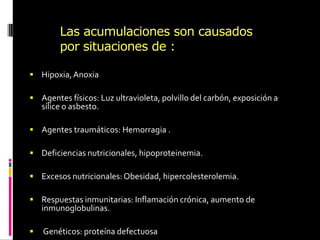 Las acumulaciones son causados
por situaciones de :
 Hipoxia,Anoxia
 Agentes físicos: Luz ultravioleta, polvillo del carbón, exposición a
sílice o asbesto.
 Agentes traumáticos: Hemorragia .
 Deficiencias nutricionales, hipoproteinemia.
 Excesos nutricionales:Obesidad, hipercolesterolemia.
 Respuestas inmunitarias: Inflamación crónica, aumento de
inmunoglobulinas.
 Genéticos: proteína defectuosa
 