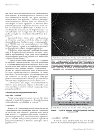 841Pigmentos maculares
Arq Bras Oftalmol. 2009;72(6):839-44
rior com a mácula ao centro obtidas com comprimentos de
onda diferentes. A primeira por meio de estimulação com
curto comprimento de onda (luz azul, a qual é significativa-
mente absorvida pelos pigmentos) e a segunda por compri-
mento de onda médio (luz verde, a qual não é absorvida). As
duas imagens são então superpostas e a densidade obtida
por substração digital. Os pigmentos maculares podem tam-
bém ser estimados com espectroscopia de Raman, onde mi-
crovibrações das moléculas de L e Z são proporcionais à sua
densidade óptica após excitação com fonte de argônio, que
produz excitação dos carotenóides utilizando fonte de ar-
gônio(3,13)
.
Outro método óptico e objetivo utiliza a autofluorescência
da lipofuscina, localizada no nível das células do epitélio
pigmentado da retina. Esta fluorescência é emitida na amplitu-
de de 520-800 nm e pode ser excitada in vivo entre 400 e
570 nm. O método é baseado na atenuação da luz de excitação
da fluorescência foveal pela presença dos pigmentos.
O Heidelberg retinal angiograph®
modificado determina o
mapa de densidade óptica dos pigmentos maculares, compa-
rando a autofluorescência foveal (onde a concentração de
pigmentos é maior) e perifoveal em imagens do fundo obtidas
a 488 nm e 514 nm (Figura 1)(14-15)
.
O “Heterochromatic flicker photometry” (HFP) é um méto-
do psicofísico, capaz de mensurar o espectro de sensibilidade
e a densidade óptica dos pigmentos maculares. Utiliza fonte
de diodo azul e verde para criar alvos de diferentes tamanhos
apresentados contra um fundo azul para a fixação do olhar. O
paciente usa controle manual com ajuste de frequência do
flicker para suprimir a percepção da ação no alvo. Um compu-
tador analisa e traduz esta resposta, utilizando a frequência em
que o indivíduo não tem mais a percepção do flicker para
produzir um valor de densidade de filtração que corresponde a
densidade óptica dos pigmentos maculares (Gráfico 1)(12)
.
O método in vivo mais antigo e comumente utilizado é o
“flicker”, apesar de bastante subjetivo e demorado, o que
torna sua realização cansativa e limitada em alguns pacientes,
principalmente idosos.
Possíveis funções dos pigmentos maculares
Aberração cromática
Postula-se que os pigmentos atuem como um filtro óptico
reduzindo o círculo de borramento e a dispersão luminosa,
melhorando assim a sensibilidade ao contraste(2,17)
.
Visibilidade
Wooten, et al.(18)
demostraram em modelo experimental que
a presença de um filtro amarelo pode aumentar a visibilidade
de um alvo por atuar reduzindo a quantidade de luz azul ao
redor do alvo(2,18)
. Os pigmentos são ausentes ou muito re-
duzidos em pacientes com albinismo e retinose pigmentária
grave. A fotofobia destes pacientes poderia ser explicada em
parte por sua inabilidade de diminuir o “glare” pela falta de
pigmentos(3,19-20)
.
Antioxidantes e DMRI
A retina é o tecido metabolicamente mais ativo do corpo
humano. A camada de fotorreceptores é mantida em altas ten-
Fonte: Renata Canovas; New York Eye and Ear Infirmary - 2005
Figura 1 - Imagem resultante obtida com autofluorescência após sub-
tração digital. Quanto mais clara a imagem, maior a concentração de
pigmentos maculares em determinada região da mácula. Esta diferença
nos tons de cinza é traduzida para uma escala numérica que representa
a concentração dos pigmentos em cada ponto. Iniciando no centro da
fóvea e colocando as medidas de concentração ponto a ponto
distribuídas numa reta, obtemos a curva da densidade óptica.
Gráfico 1 - Curva de densidade óptica dos pigmentos maculares
medida com HFP
Fonte: Renata Canovas; New York Eye and Ear Infirmary - 2005
72(6)20.pmd 15/12/2009, 19:27841
 