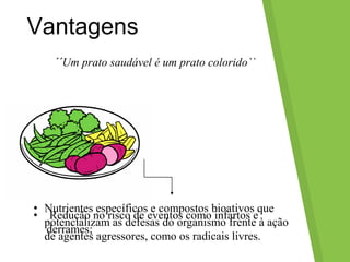 Vantagens
´´Um prato saudável é um prato colorido``
• Redução no risco de eventos como infartos e
derrames;
• Nutrientes específicos e compostos bioativos que
potencializam as defesas do organismo frente à ação
de agentes agressores, como os radicais livres.
 