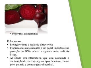 ▸Beterraba: antocianinas
Relaciona-se
• Proteção contra a radiação ultravioleta
• Propriedades antioxidantes e um papel importante na
proteção do DNA celular a agentes como radicais
livres.
• Atividade anti-inflamatória que está associada à
diminuição do risco de alguns tipos de câncer, como
pele, pulmão e do trato gastrointestinal.
 