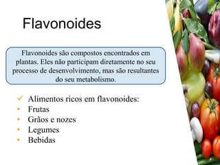 Flavonoides
 Alimentos ricos em flavonoides:
• Frutas
• Grãos e nozes
• Legumes
• Bebidas
Flavonoides são compostos encontrados em
plantas. Eles não participam diretamente no seu
processo de desenvolvimento, mas são resultantes
do seu metabolismo.
 