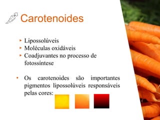 Carotenoides
▸Lipossolúveis
▸Moléculas oxidáveis
▸Coadjuvantes no processo de
fotossíntese
• Os carotenoides são importantes
pigmentos lipossolúveis responsáveis
pelas cores:
 