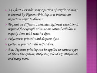  As, Chart Describes major portion of textile printing
is covered by Pigment Printing so it becomes an
important topic to discuss.
 To print on different substrates different chemistry is
required for example printing on natural cellulose is
majorly done with reactive dyes.
 Polyester is printed with disperse dyes.
 Cotton is printed with sulfur dyes.
 But, Pigment printing can be applied to various type
of fibers like Cotton, Polyester, Blend PC, Polyamide
and many more.
 