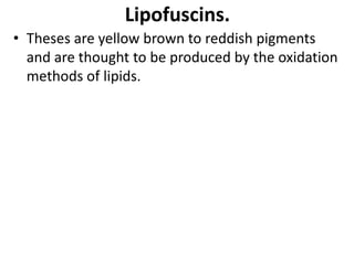 Lipofuscins.
• Theses are yellow brown to reddish pigments
and are thought to be produced by the oxidation
methods of lipids.
 