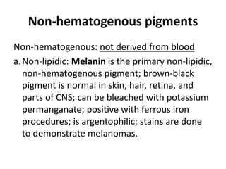 Non-hematogenous pigments
Non-hematogenous: not derived from blood
a.Non-lipidic: Melanin is the primary non-lipidic,
non-hematogenous pigment; brown-black
pigment is normal in skin, hair, retina, and
parts of CNS; can be bleached with potassium
permanganate; positive with ferrous iron
procedures; is argentophilic; stains are done
to demonstrate melanomas.
 
