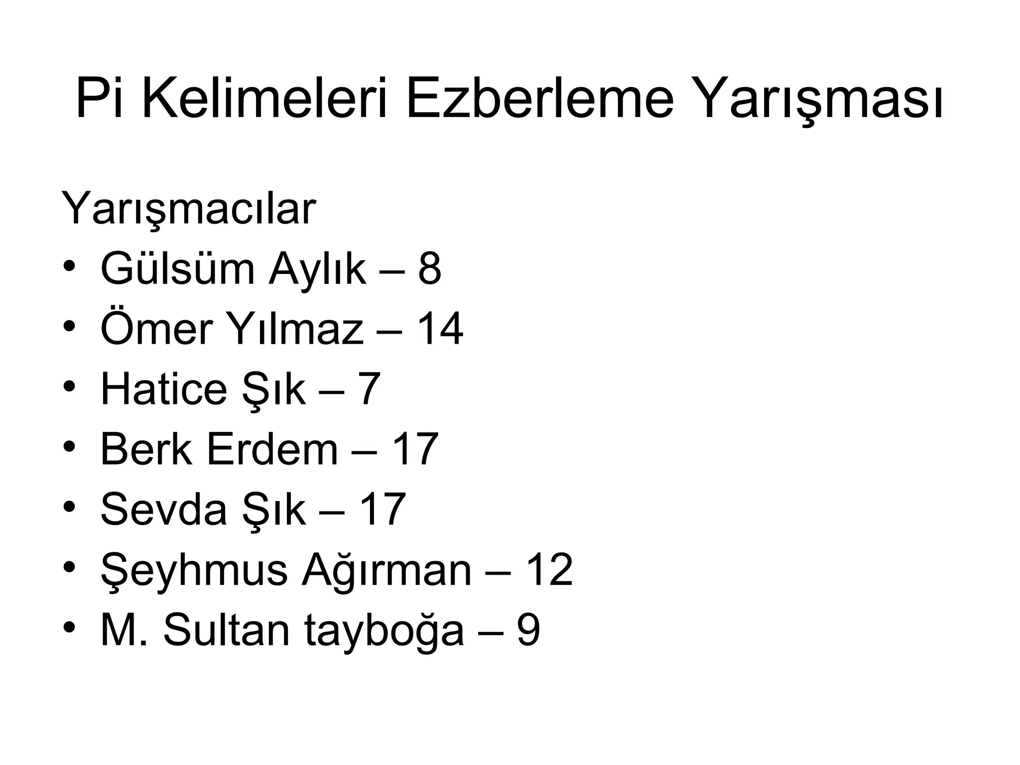 Pi Kelimeleri Ezberleme Yarışması
Yarışmacılar
• Gülsüm Aylık – 8
• Ömer Yılmaz – 14
• Hatice Şık – 7
• Berk Erdem – 17
• Sevda Şık – 17
• Şeyhmus Ağırman – 12
• M. Sultan tayboğa – 9
 