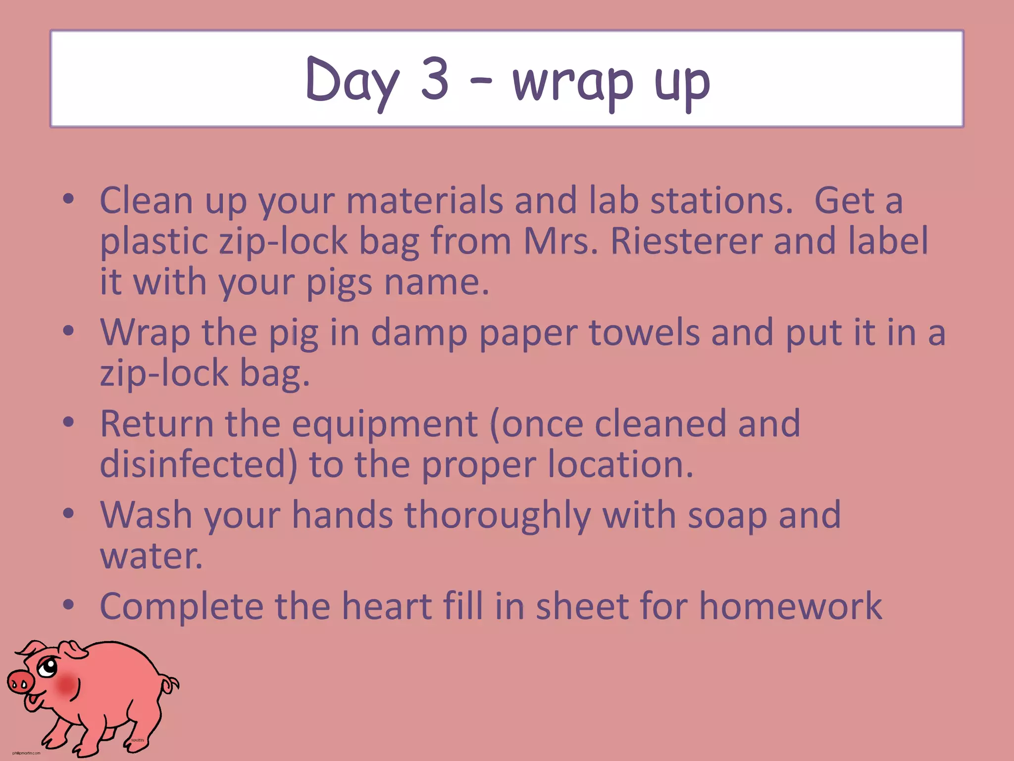 • Clean up your materials and lab stations. Get a
plastic zip-lock bag from Mrs. Riesterer and label
it with your pigs name.
• Wrap the pig in damp paper towels and put it in a
zip-lock bag.
• Return the equipment (once cleaned and
disinfected) to the proper location.
• Wash your hands thoroughly with soap and
water.
• Complete the heart fill in sheet for homework
Day 3 – wrap up
 