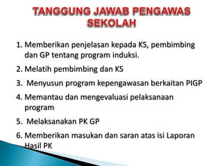 1. Memberikan penjelasan kepada KS, pembimbing
dan GP tentang program induksi.
2. Melatih pembimbing dan KS
3. Menyusun program kepengawasan berkaitan PIGP
4. Memantau dan mengevaluasi pelaksanaan
program
5. Melaksanakan PK GP
6. Memberikan masukan dan saran atas isi Laporan
Hasil PK
 