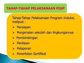 TAHAP-TAHAP PELAKSANAAN PIGP
Tahap-Tahap Pelaksanaan Program Induksi,
meliputi :
 Persiapan
 Pengenalan sekolah dan lingkungannya
 Pembimbingan
 Penilaian
 Pelaporan
 Penerbitan Sertifikat
 