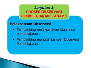 Pelaksanaan Observasi
 Pembimbing melaksanakan observasi
pembelajaran .
 Pembimbing mengisi Lembar Observasi
Pembelajaran
Lanjutan 1,
PROSES OBSERVASI
PEMBELAJARAN TAHAP 1
 
