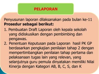 Penyusunan laporan dilaksanakan pada bulan ke-11
Prosedur sebagai berikut:
1. Pembuatan Draft Laporan oleh kepala sekolah
yang didiskusikan dengan pembimbing dan
pengawas.
2. Penentuan Keputusan pada Laporan hasil PK GP
berdasarkan pengkajian penilaian tahap 2 dengan
mempertimbangkan penilaian tahap pertama dan
pelaksanaan tugas lain yang relevan, yang
selanjutnya guru pemula dinyatakan memiliki Nilai
Kinerja dengan Kategori AB, B, C, S, dan K
PELAPORAN
 