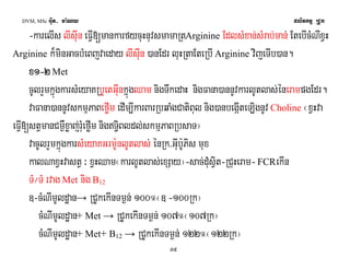 DVM, MSc Giut- ma:Ny plitkmμ RCUk 
-karelIs lIsIun eFVI[mankarfycuHnuvsmamaRtArginine EdlsMxan;sMrab;man; EtebIcMNIxVH 
Arginine k¾minGacbMeBjvaeday lIsIun )anEdr luHRtaEteRbI Arginine vijeTIb)an. 
xxxx1111-2 Met 
cUlrYmkñúgkarsMeyaKRbUetGIunkñúgQam nigTwkedaH nigFana)annUvkarlUtlas;énerampgEdr. 
vaFana)annUvskmμPaBeføIm edIm,IkarBarRbqaMgCatiBul nig)anbegáIteLignUv Choline ¬xVHva 
eFVI[stVmanCm¶Wxøaj;rMuefIøm nigT§iBldl;skmμPaBRbsaT¦ 
vacUlrYmkñúgkarsMeyaKGrm:UnlUtlas; énRk/GIub:UPis mux 
kalNaxVHvastV ³ xVHQam¬karlUtlas;exSay¦-sac;dMusVit-RCuHeram- FCRekIn 
TM¼TM rvag Met nig B12 
]-cMNImUldæan→ RCUkekInTm¶n; 100°¬] -100Rk¦ 
cMNImUldæan+ Met → RCUkekInTm¶n; 107°¬107Rk¦ 
cMNImUldæan+ Met+ B12→ RCUkekInTm¶n; 122°¬122Rk¦ 
39 
 